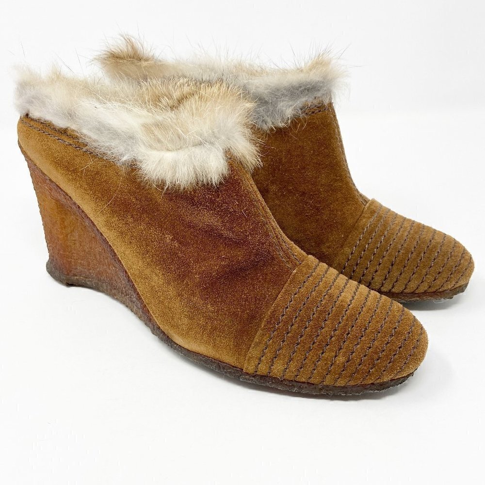 APEPAZZA | Brown Suede Wedge Mules Fur Trim 8.5